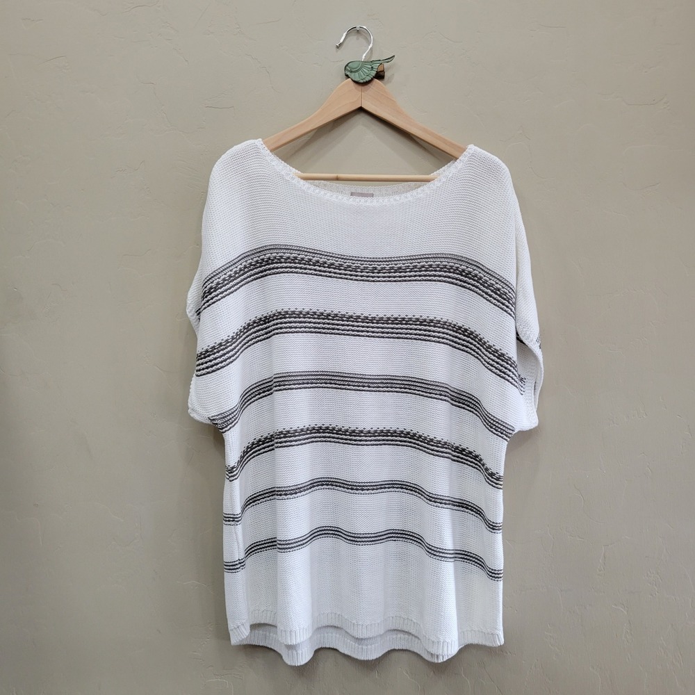 Chicos White Striped Knit Sweater Short Sleeve Rayon Linen Blend Size 4, XXL